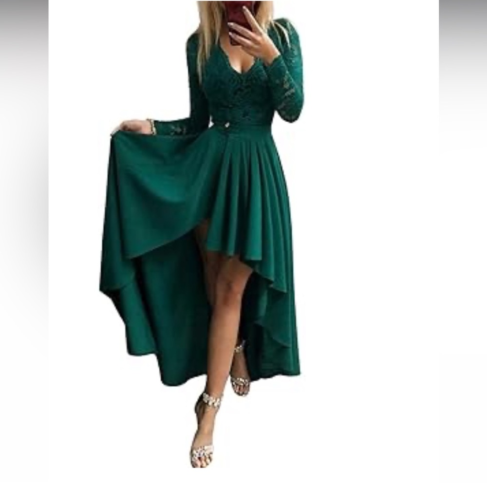 Green High-Low flowy lace Dress with leg slit